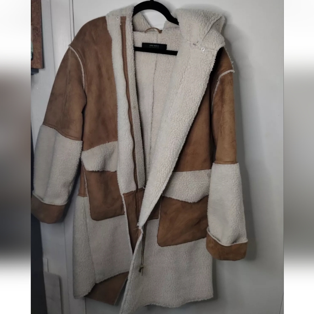 ZARA BASIC OUTERWEAR WOMAN SIZE MEDIUM ZIP COAT WITH POCKETS BROWN WHITE